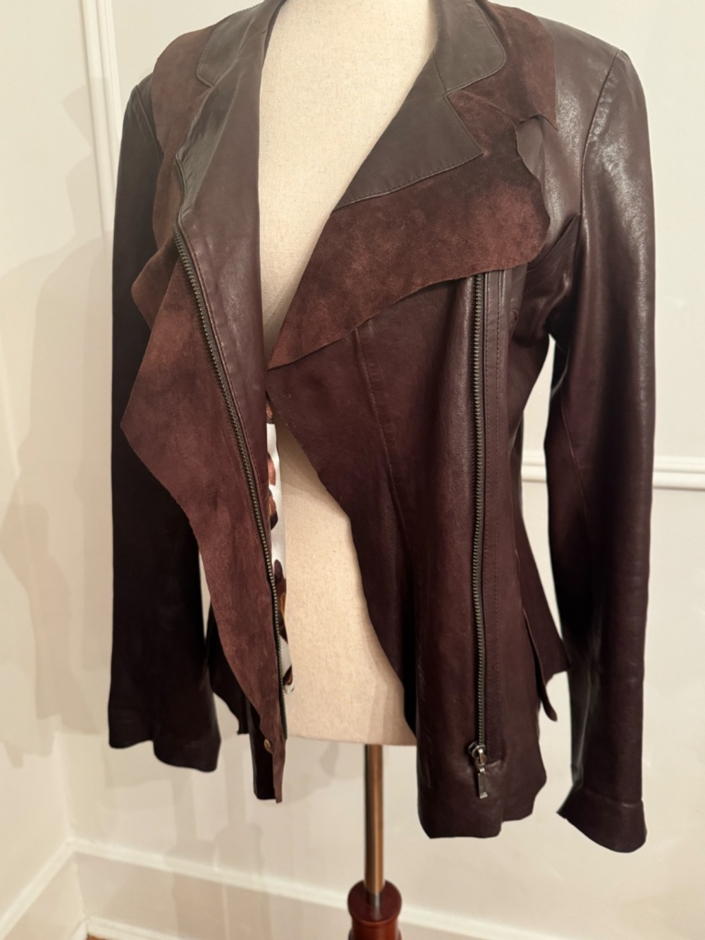 Vintage Roberto Cavalli Mainline 2002 Brown Leather Moto Jacket Suede Leopard 46 - Picture 5 of 9